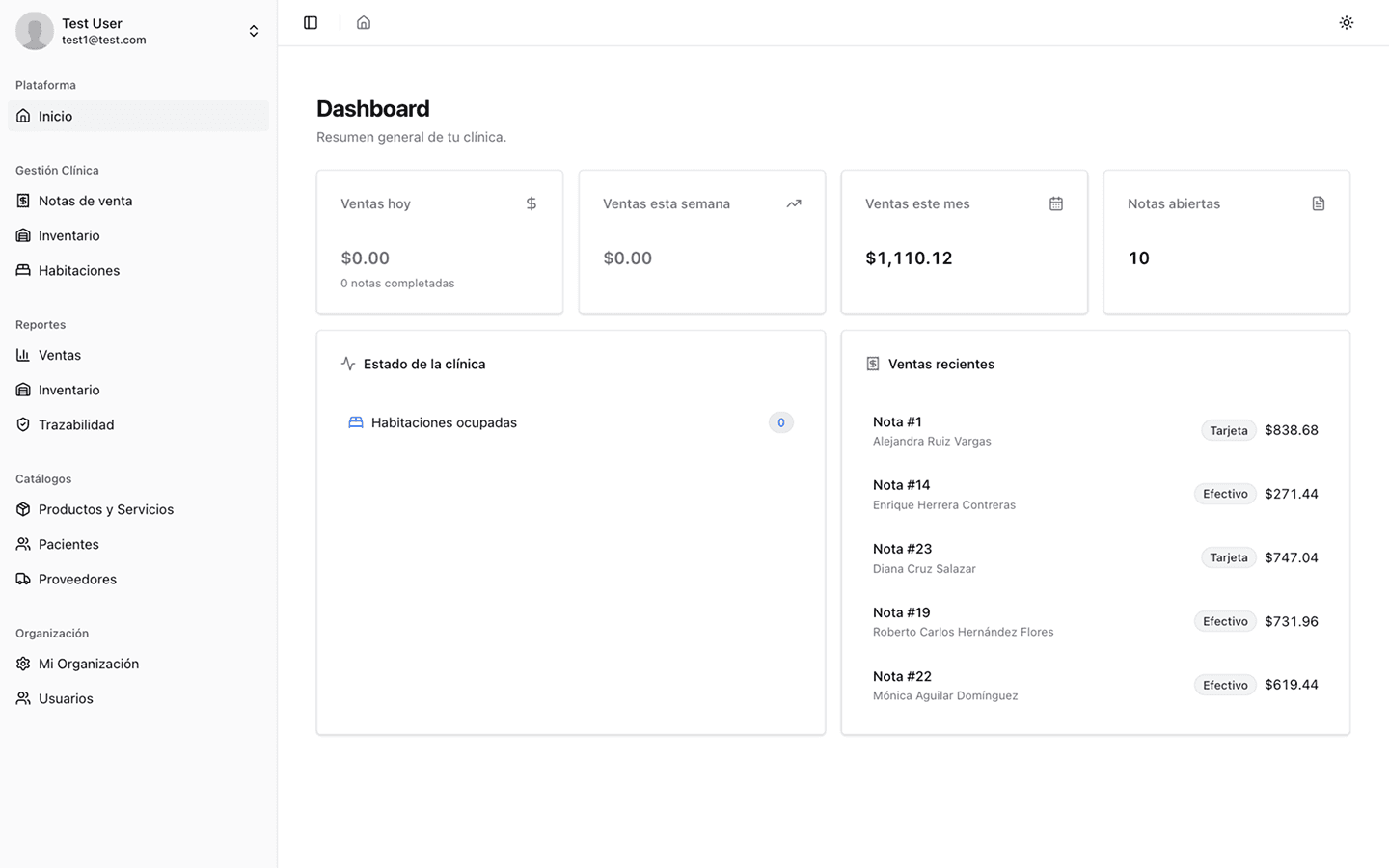 Captura de pantalla del panel de ClinicVault 1