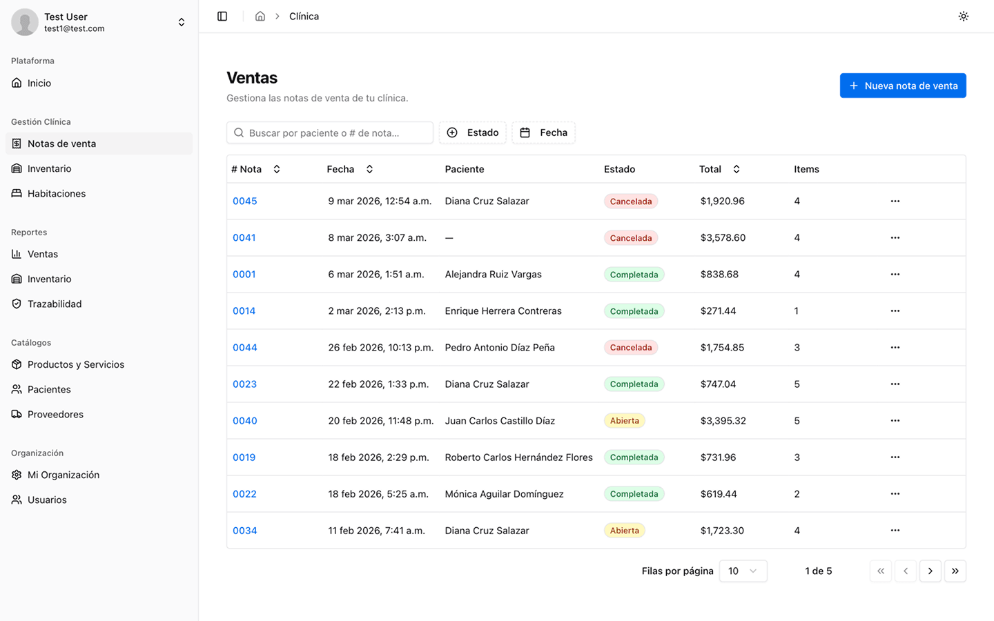 Captura de pantalla del panel de ClinicVault 2