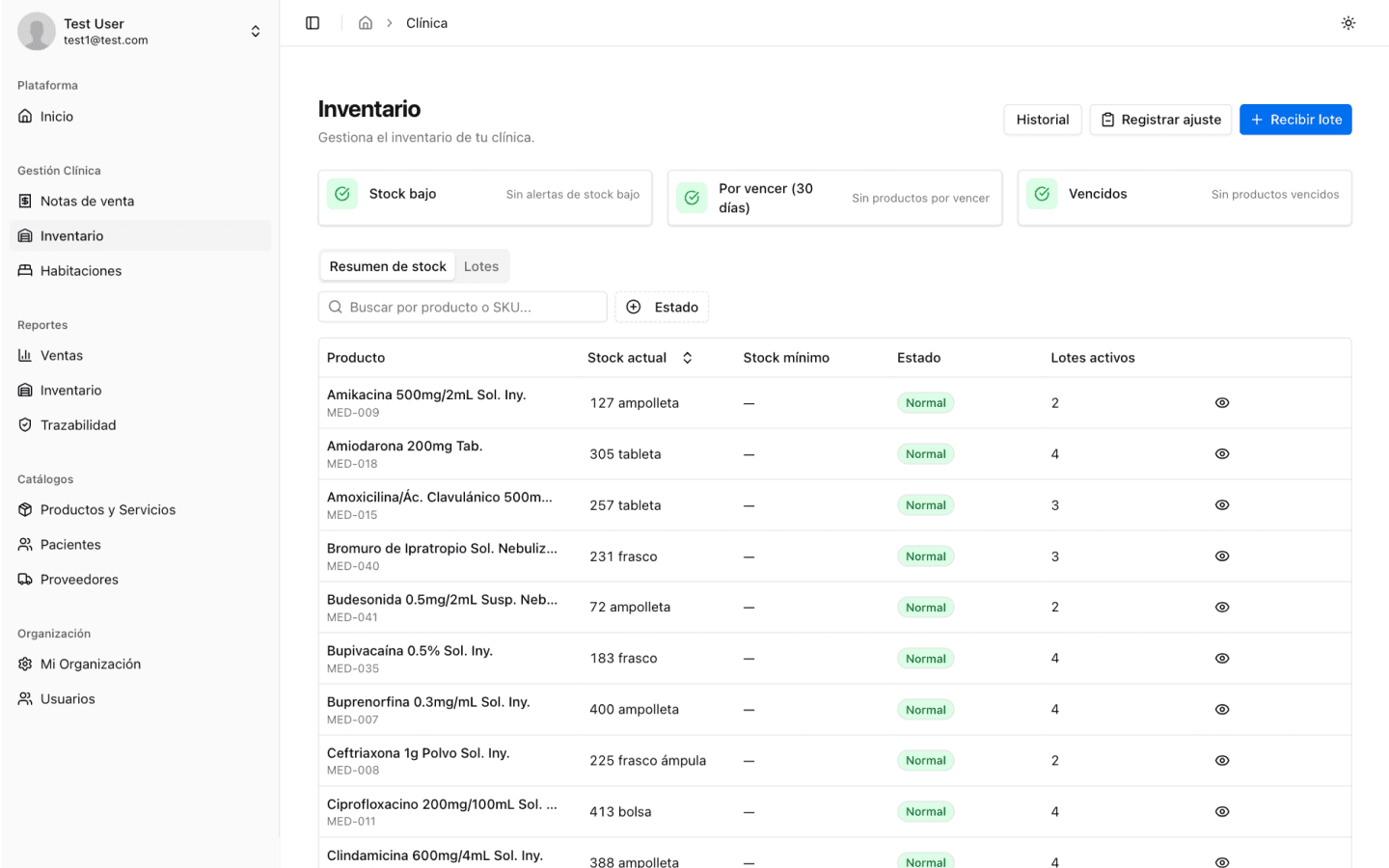 Captura de pantalla del panel de ClinicVault 3
