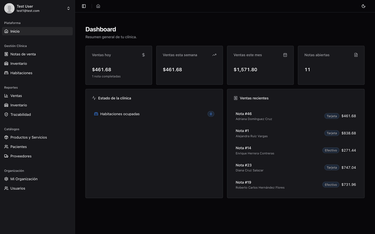 Captura de pantalla del panel de ClinicVault 1