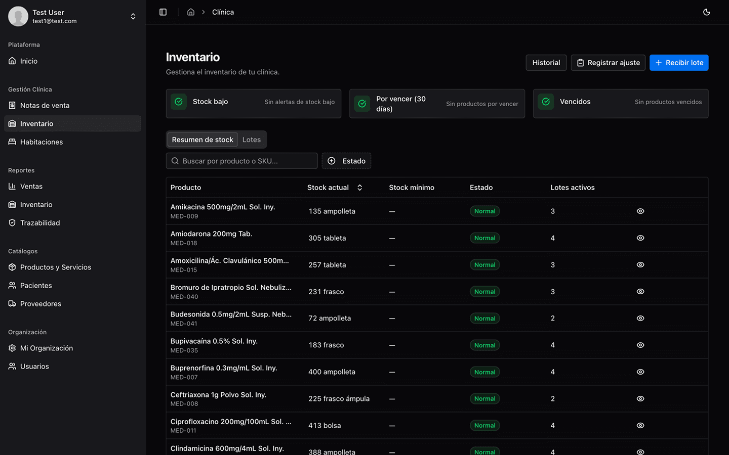 Captura de pantalla del panel de ClinicVault 3